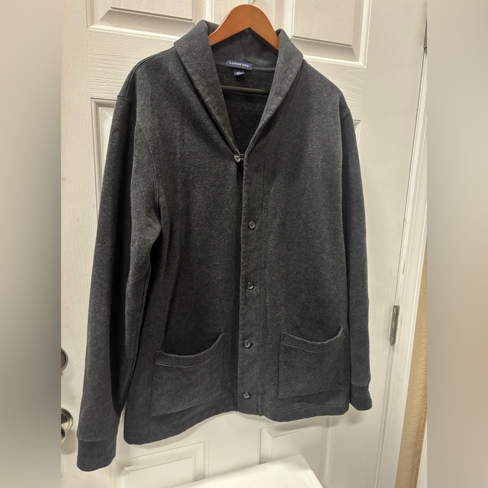 Lands’ End Men’s Charcoal Gray Shawl Collar Cardigan Jacket M 38-40 Elbow Patch